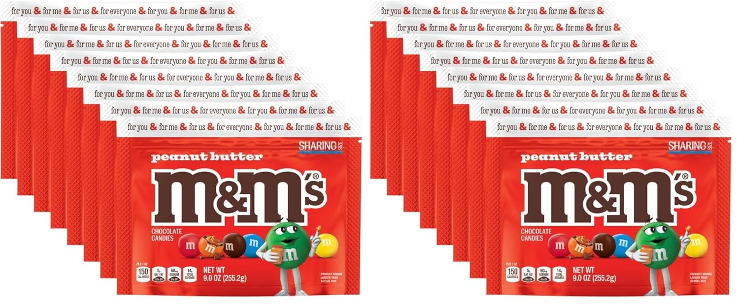 M&M'S Peanut Butter Milk Chocolate Candy, Sharing Size, 9 oz Resealable Bag (Pack of 16)
