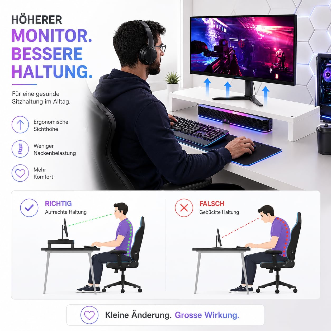 iSunirm Gaming Tisch 100x50cm Weiß mit LED & 2 Steckdosen + 2 USB, Computertisch mit Monitorständer, Wendbarer Kleiner Tisch für Homeoffice & Gaming Room Gaming Schreibtisch
