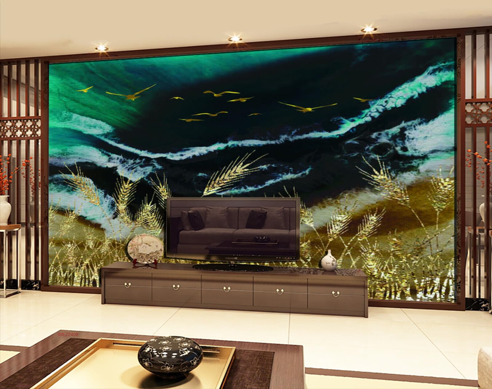 Wall26 - WEZ2408 Birds Beautiful Plants Boo Paddy Field Windy Paddy Flora Theme HD 3D Wall Sticker[6 ft x 3 ft] / [183 cm x 91 cm]