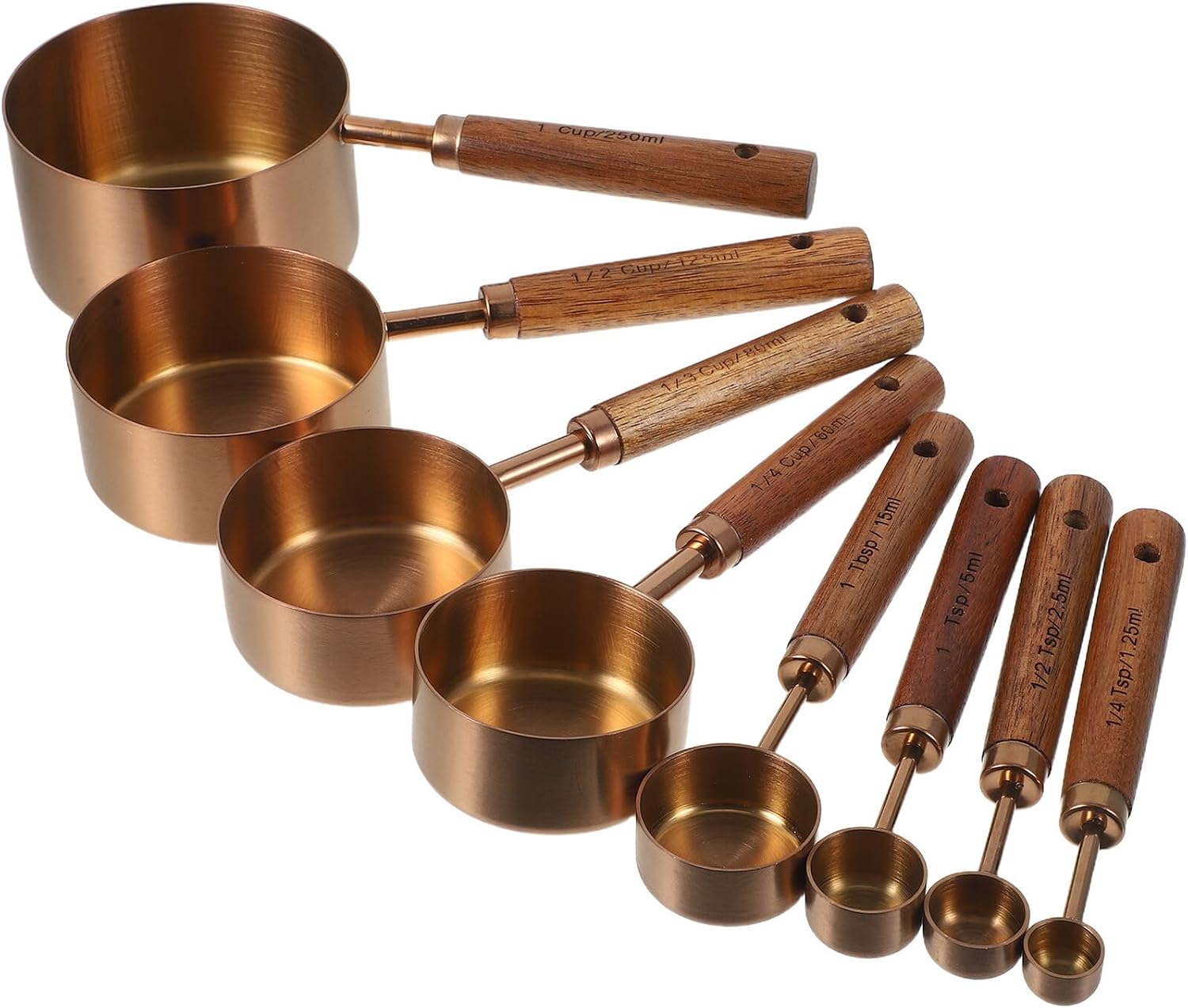 8pcs Stainless Steel Measuring Cups and Wooden Handle Measuring Spoons Set with Rose Gold Spoons, Precise Coffee Scoop and Baking Tools for Kitchen and Loose Leaf Tea