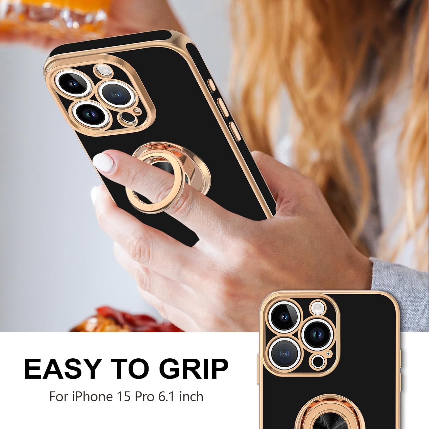 Hython for iPhone 15 Pro Case with Ring Stand, 360° Rotatable Ring Holder Magnetic Kickstand, Plating Rose Gold Edge Soft Cover Luxury Protective Phone Case for iPhone 15 Pro 6.1", Black - Image 2