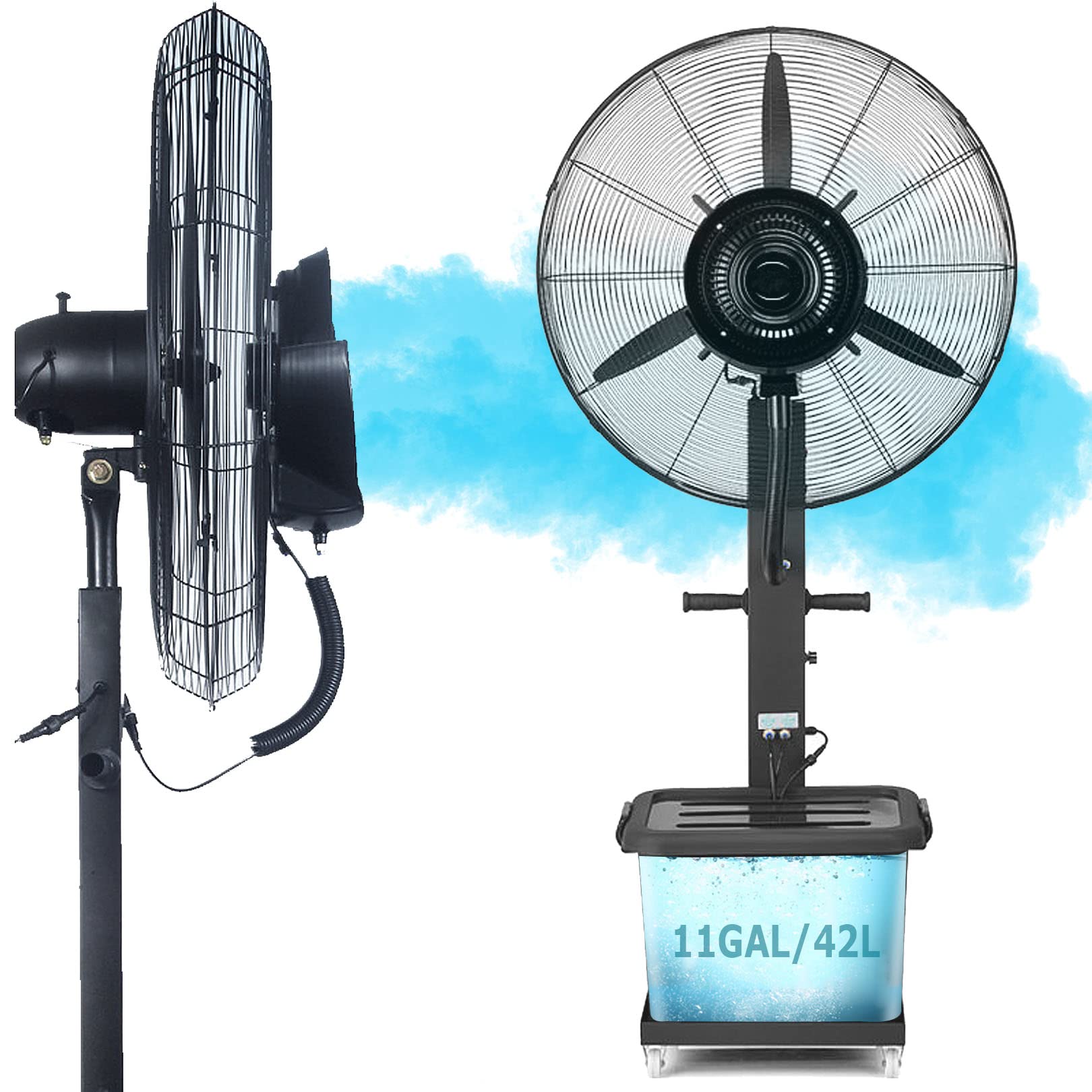 JKJZSALJ 90°Oscillating Misting Fan With 3 Speeds And 11 Gallon Tank,Industrial Heavy Duty Cooling Fan,Outdoor Misters Pedestal Fan For Cooling