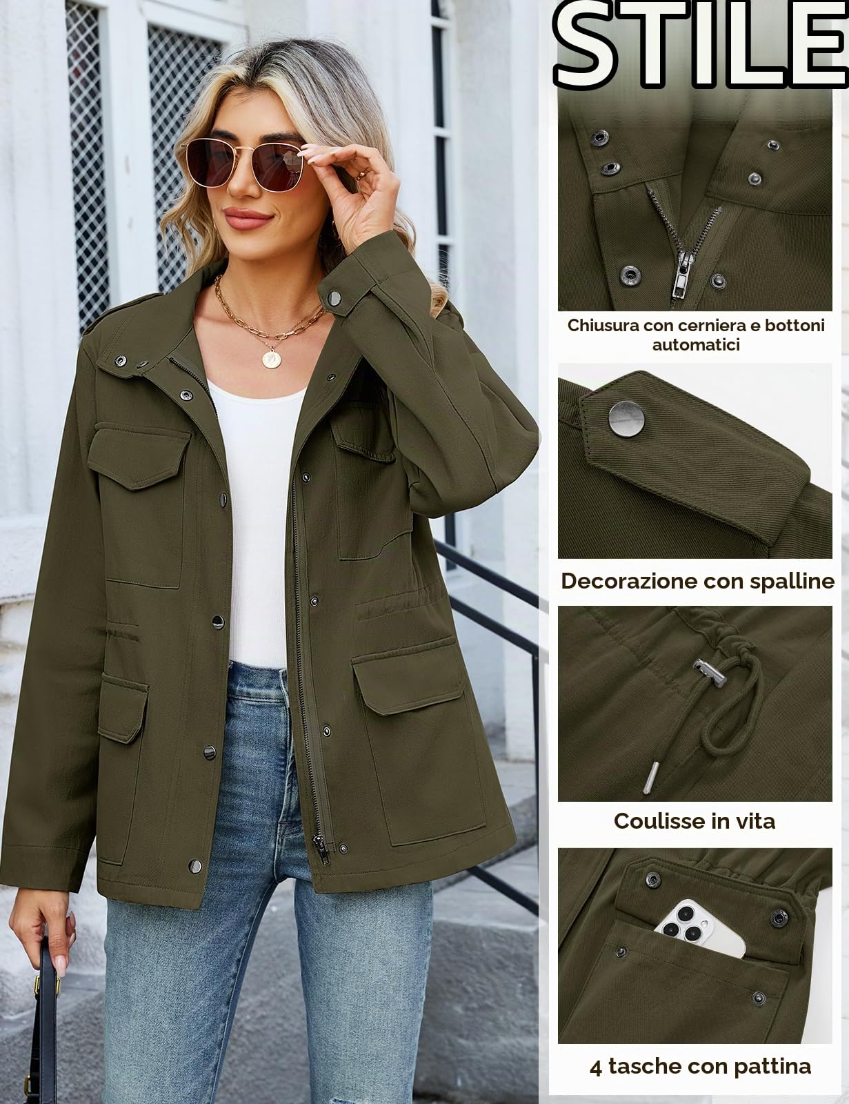 Tuopuda Giacca da Donna Cotone Militare Cappotto Leggera Zip Up Parka Utility Giacche con Tasche Primavera Autunnale