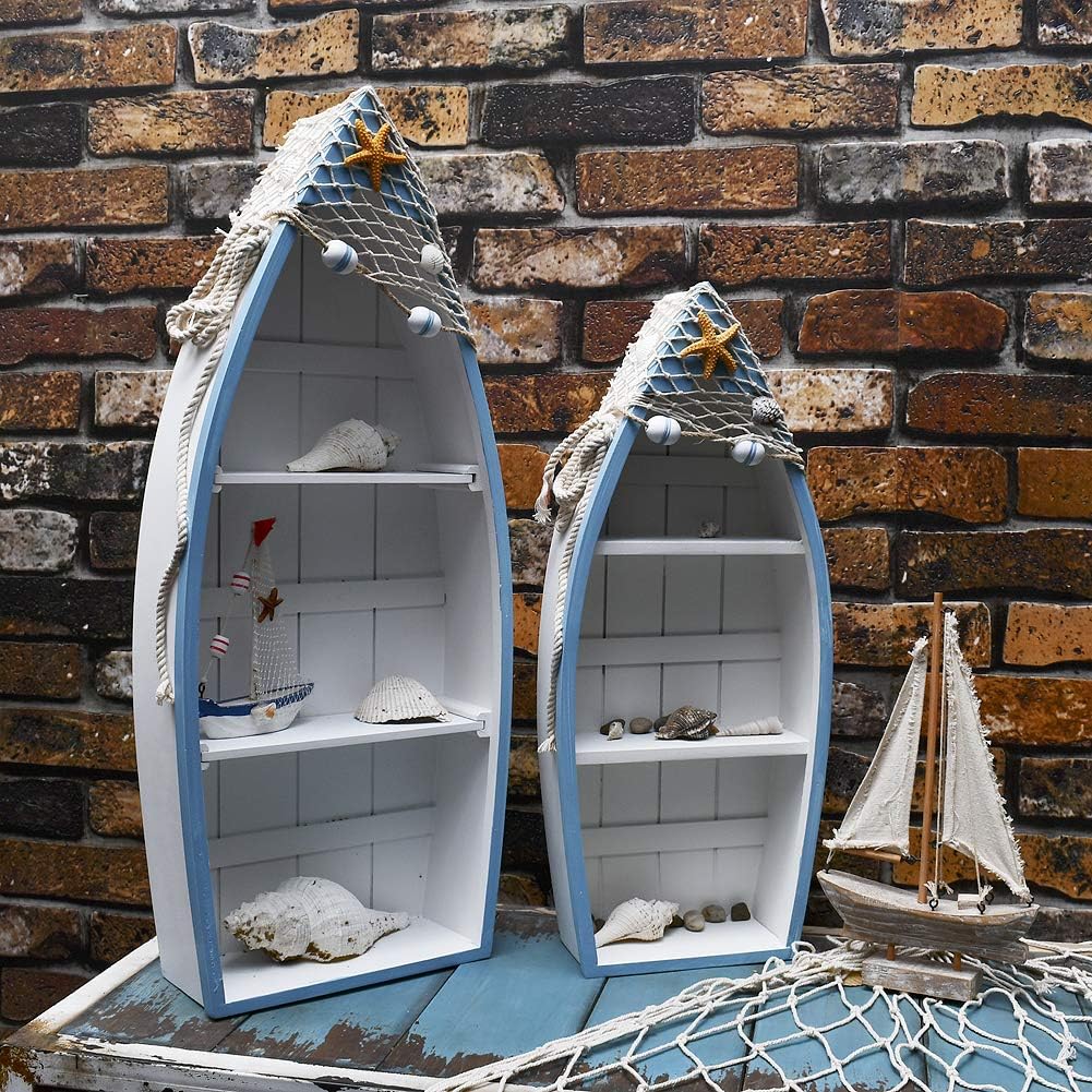Beach Theme Display with 3 Shelves, White Nautical Standing Shelf Decor, Miniature Boat Model, Decorative Shelf (M)