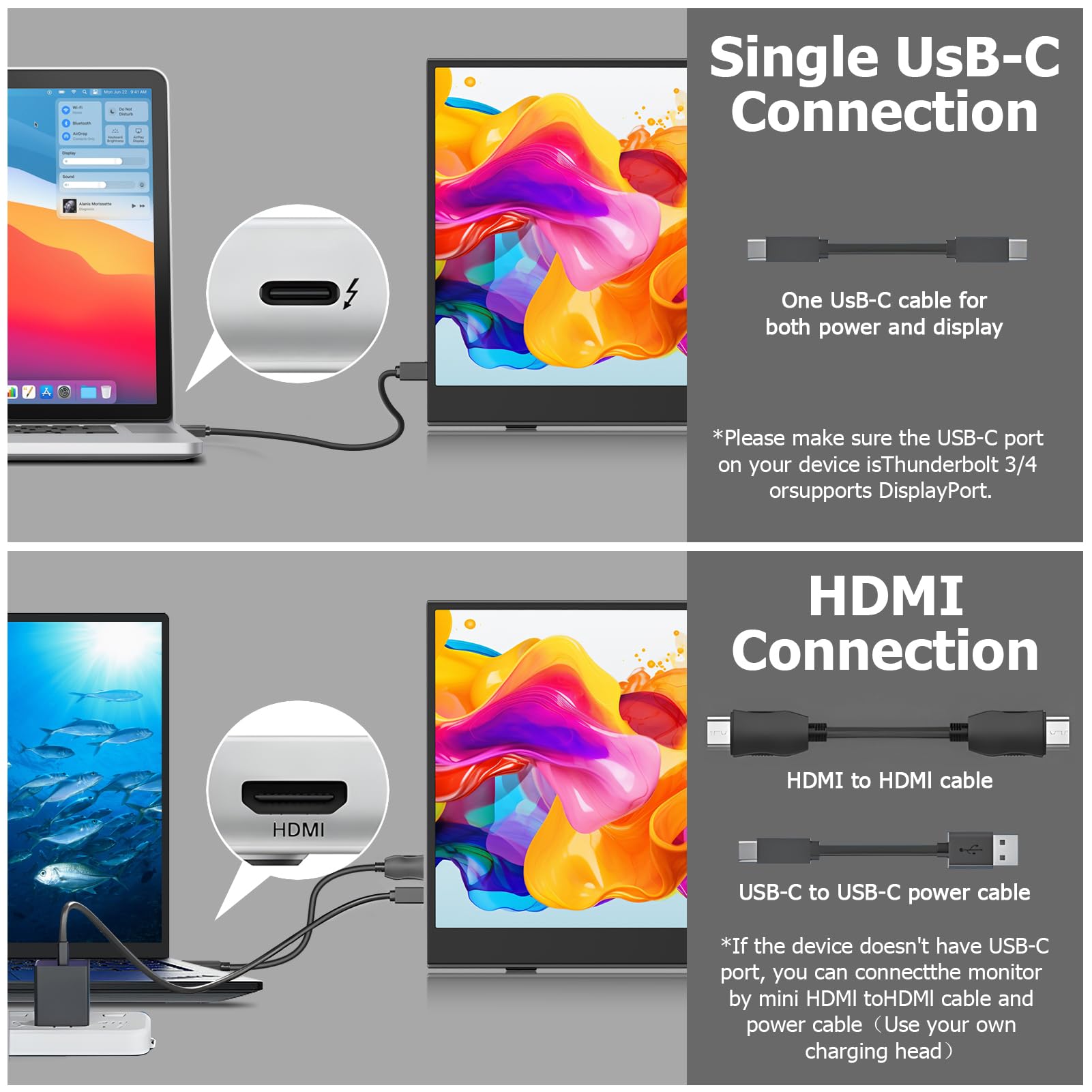 Przenośny monitor 15,6 cala do laptopa – ekran antyodblaskowy FHD 1080P IPS, podwójny USB-C/HDMI, wbudowane głośniki, otwory VESA, przedłużacz ekranu podróżnego, kompatybilny z laptopem, PC