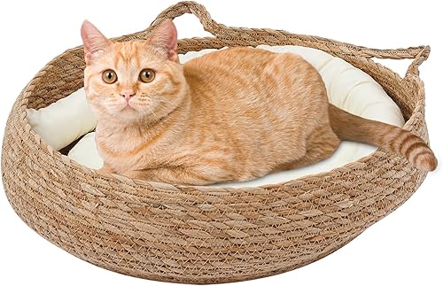 LUGBING Cama tejida suave para gatos, 16.9 pulgadas, cómodo rascador para gatos con cojín, almohada y alfombrilla de bambú, nido de dormir