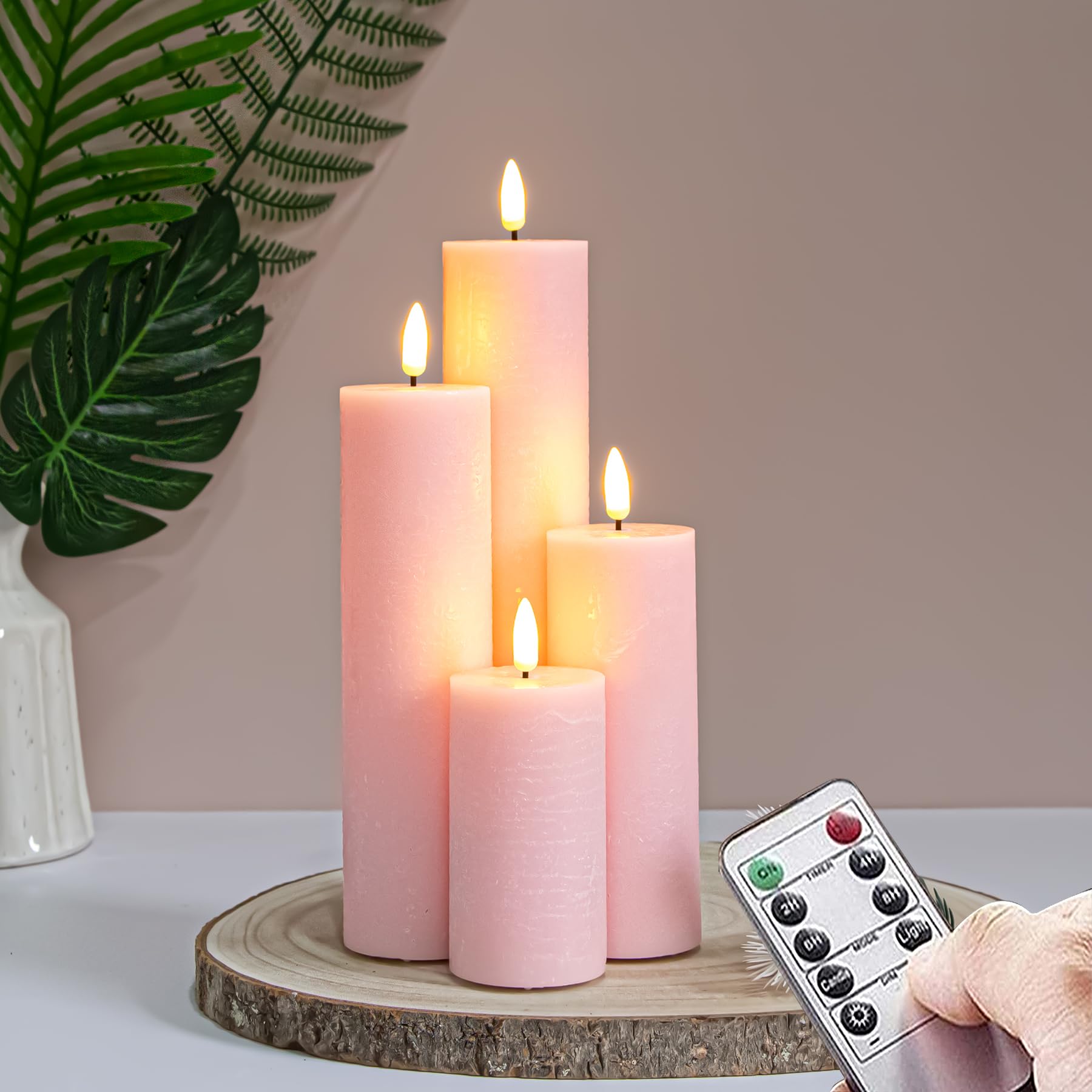 Vtobay Flickering Flameless Pillar LED Candles with Remote and Timer,Pink Pack of 4 Battery Operated(Powered by 2AA) Real Wax Tall Fake 3D-Wick Electric Candles(D 5,5CM x H 10,15,20,25 CM) โ image 1