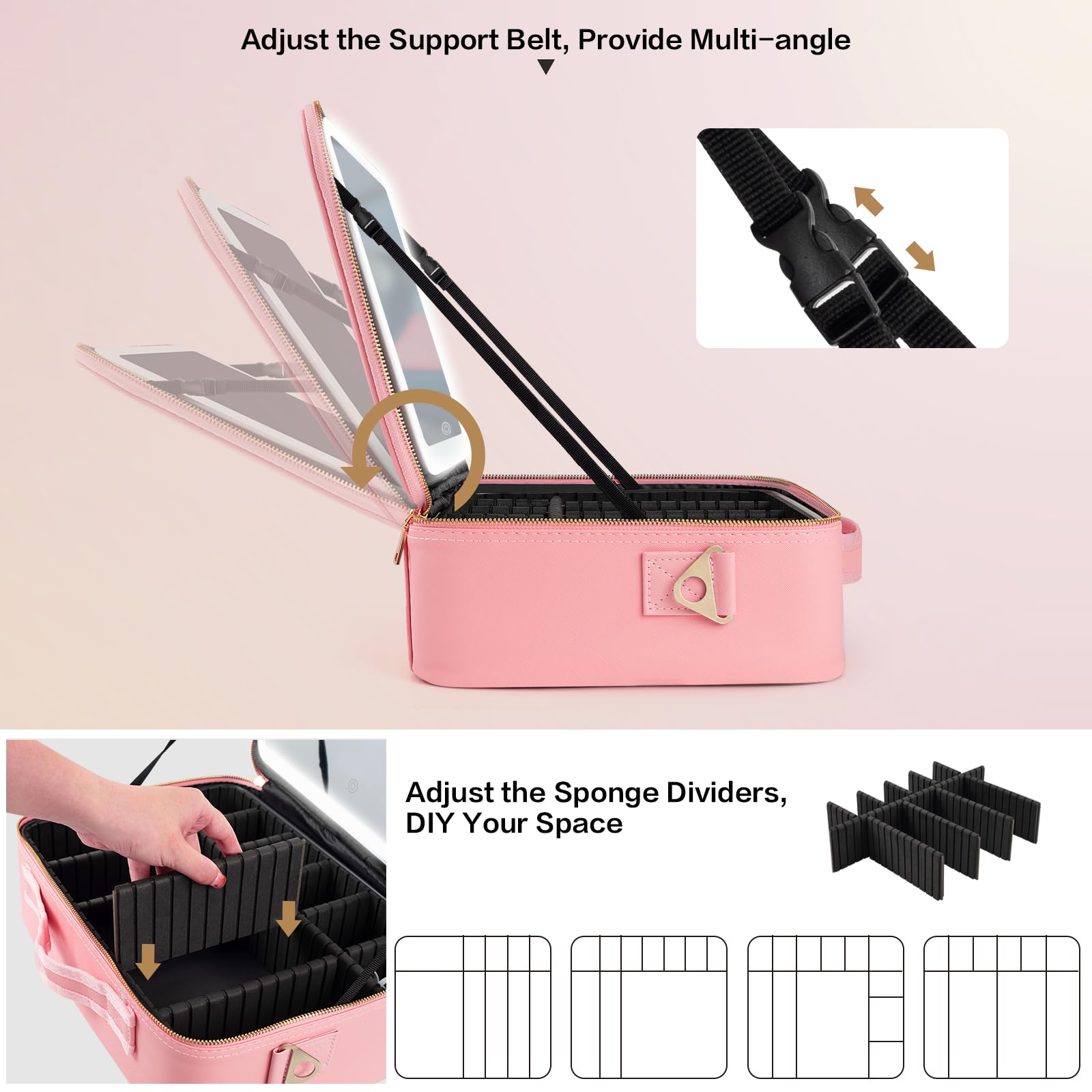 Large Makeup Bag with LED Mirror, Adjustable Dividers and Travel Straps