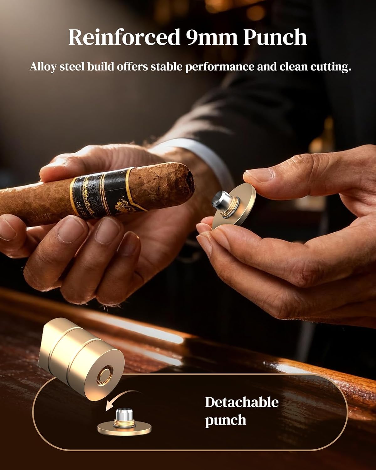 Cigar Punch Cutter – Premium Aluminum Punch Tool with Holder Stand, Portable 3-in-1 Cigar Accessory for Men, Fits 36–60 Ring Gauge, Desk Golf Outdoor Use, Gift for Men, Gold