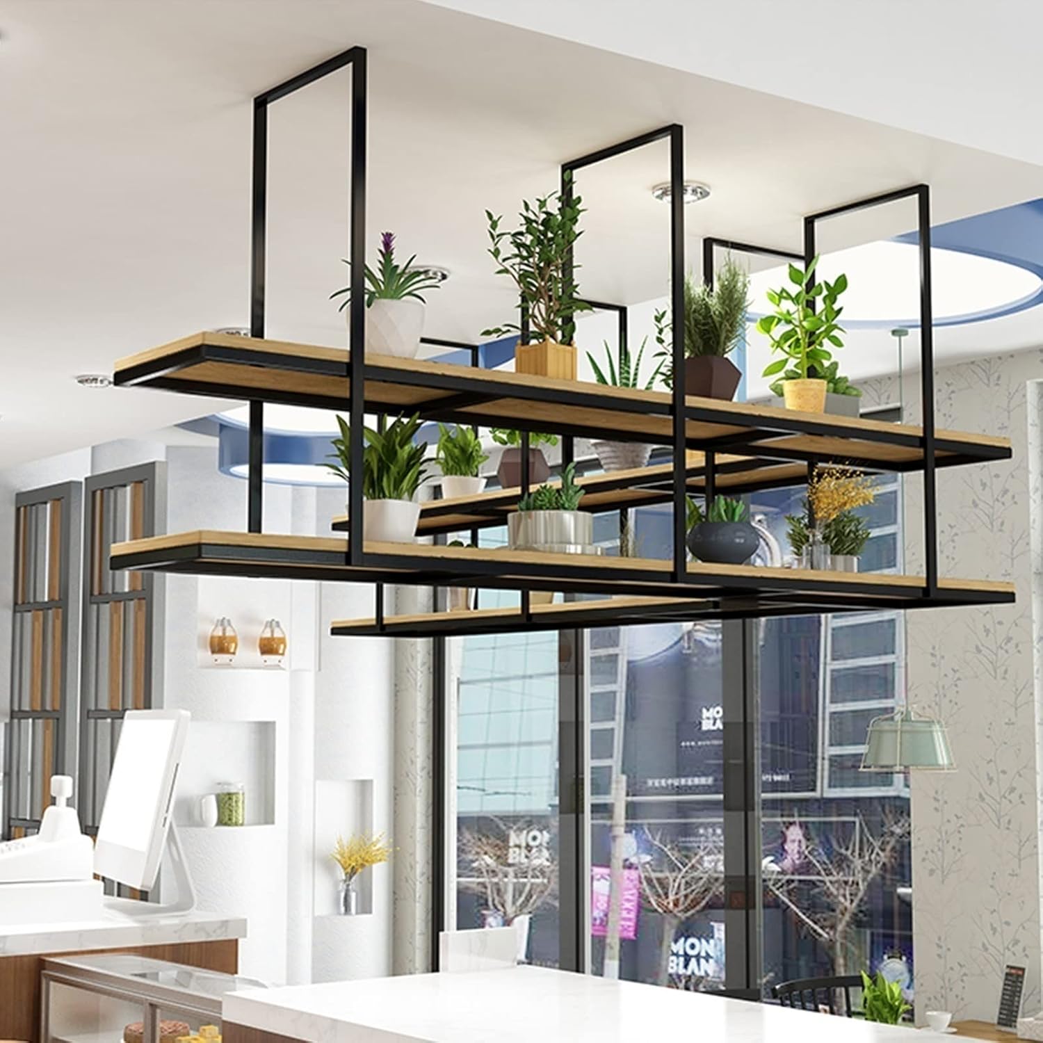 Ceiling Shelf - 2 Tier Ceiling Hanging Bottle Rack, Ceiling Mounted Solid Wood Storage Rack, Wall Mounted Wrought Iron Plant Holder, Restaurant/Bar/Kitchen Display Rack, Save Space