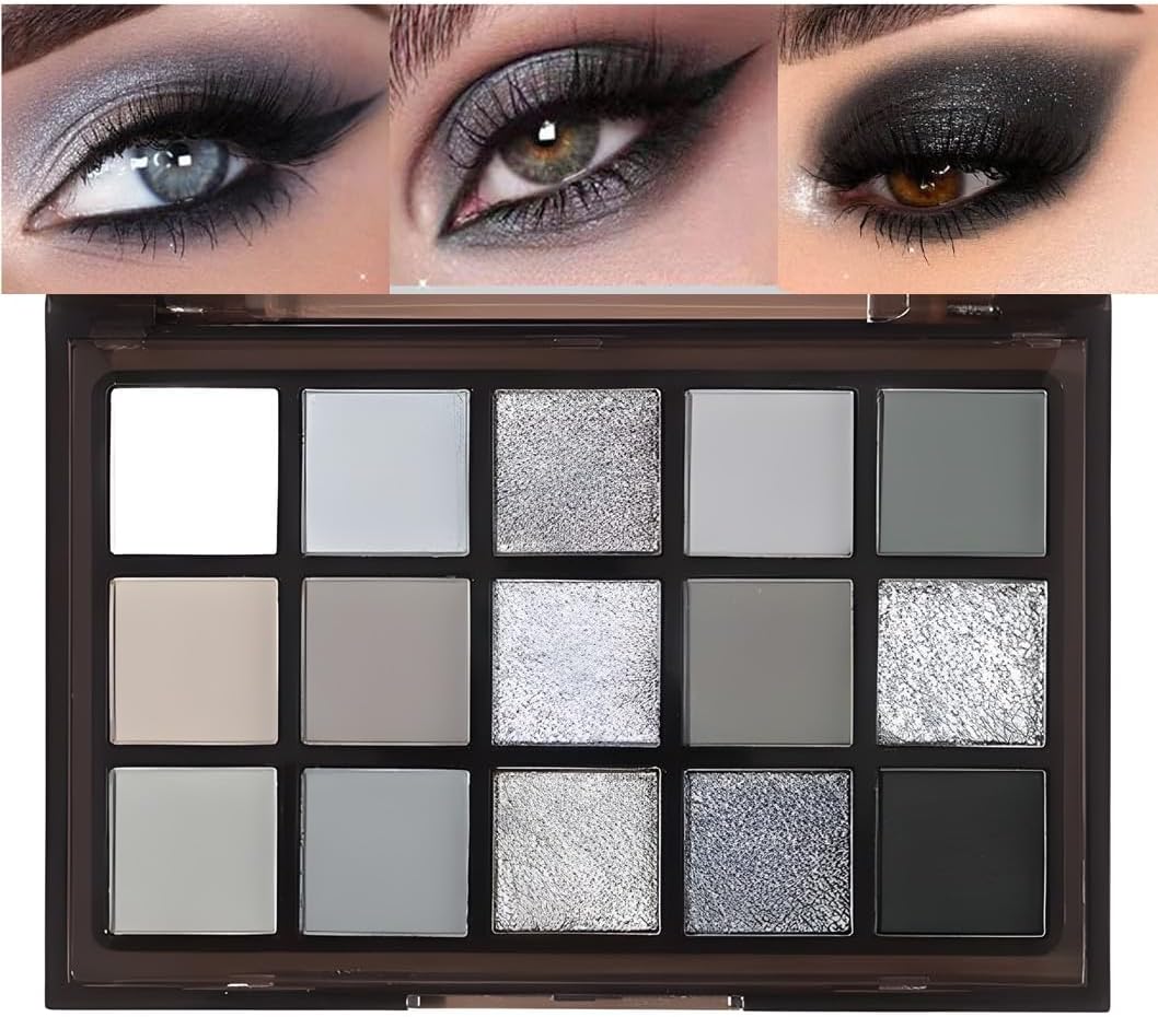 Black Smoky Eye shadow Palette, 15 Colors Black Dark Grey Smokey Goth Eyeshadow Pallet, Matte High Pigmented Basic White Gray Eyeshadow For Woman