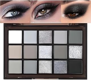 Black Smoky Eye shadow Palette, 15 Colors Black Dark Grey Smokey Goth Eyeshadow Pallet, Matte High Pigmented Basic White Gray Eyeshadow For Woman
