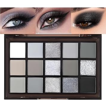 Black Smoky Eye shadow Palette, 15 Colors Black Dark Grey Smokey Goth Eyeshadow Pallet, Matte High Pigmented Basic White Gray Eyeshadow For Woman