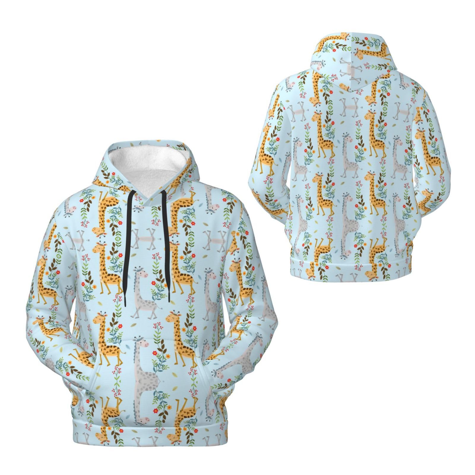Męska bluza z kapturem z uroczym nadrukiem w kwiaty żyrafy, casualowa grafika z nadrukiem bluzy z kapturem z kieszenią