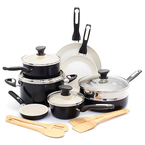 GreenPan Rio 16 Piece Cookware Pots and Pans Set, Hard Anodized Healthy Ceramic Nonstick PFAS-Free, Bakelite Handles, Frypans, Saucepan, Saute Pan, Stock Pot, Kitchen Tools, Dishwasher Safe, Black