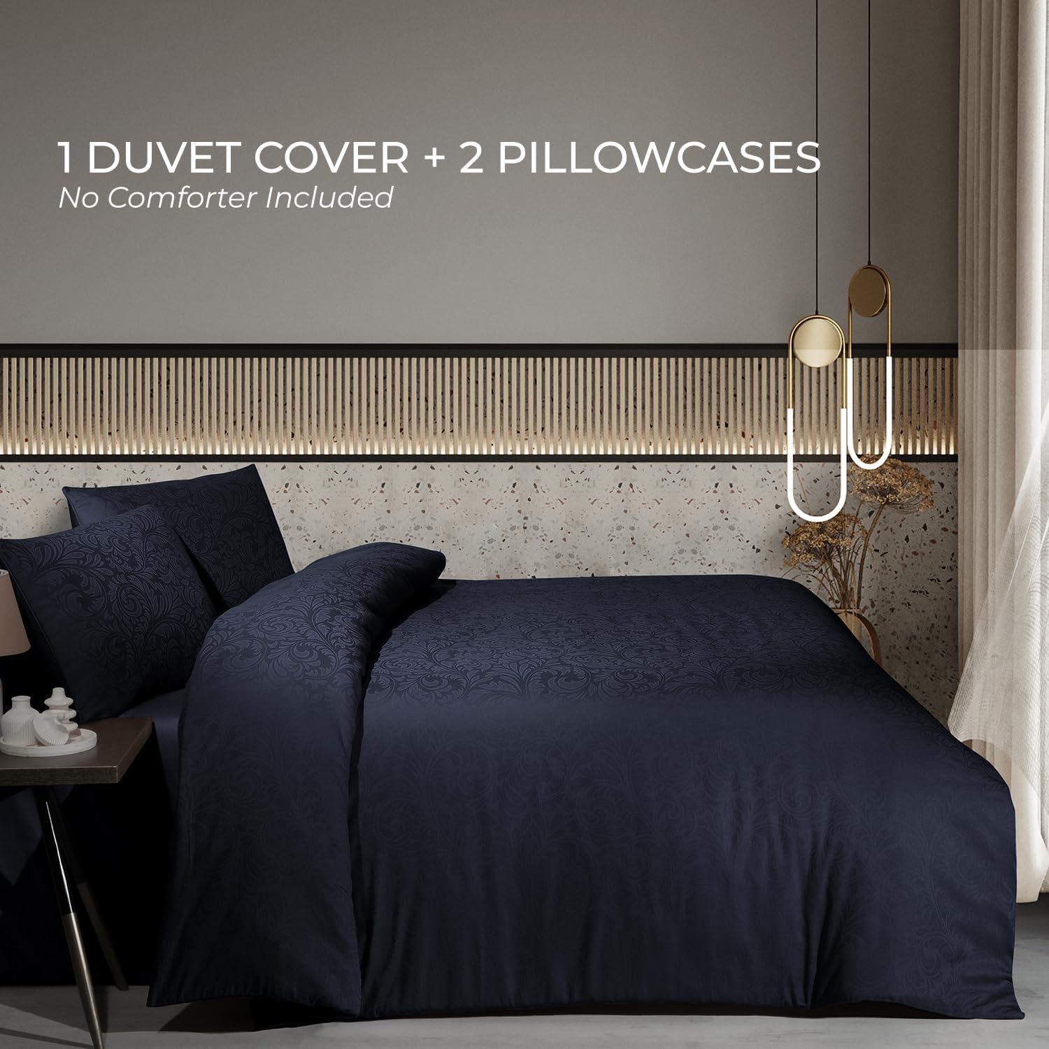 Luxury Duvet Cover Set, 100% Cotton Sateen Jacquard, Soft & Breathable, 3-Piece Queen Bedding, Navy Blue