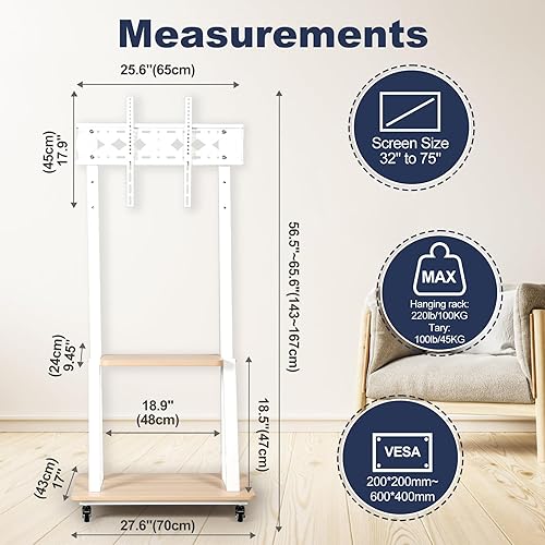 Miniatura 7 de Soporte de TV móvil con ruedas para 32 a 75 pulgadas planocurvado LED, LCDOled soporte de TV portátil con estante de madera para computadora