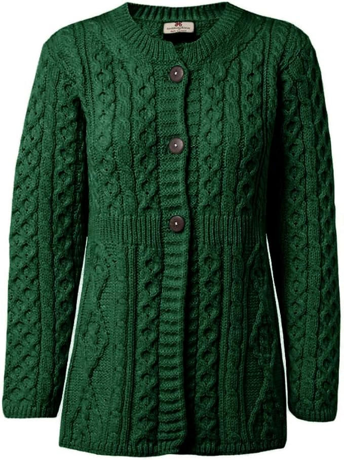 Aran Cardigan Donna 100 Lana Merino Irlandese A Line (Verde, XL