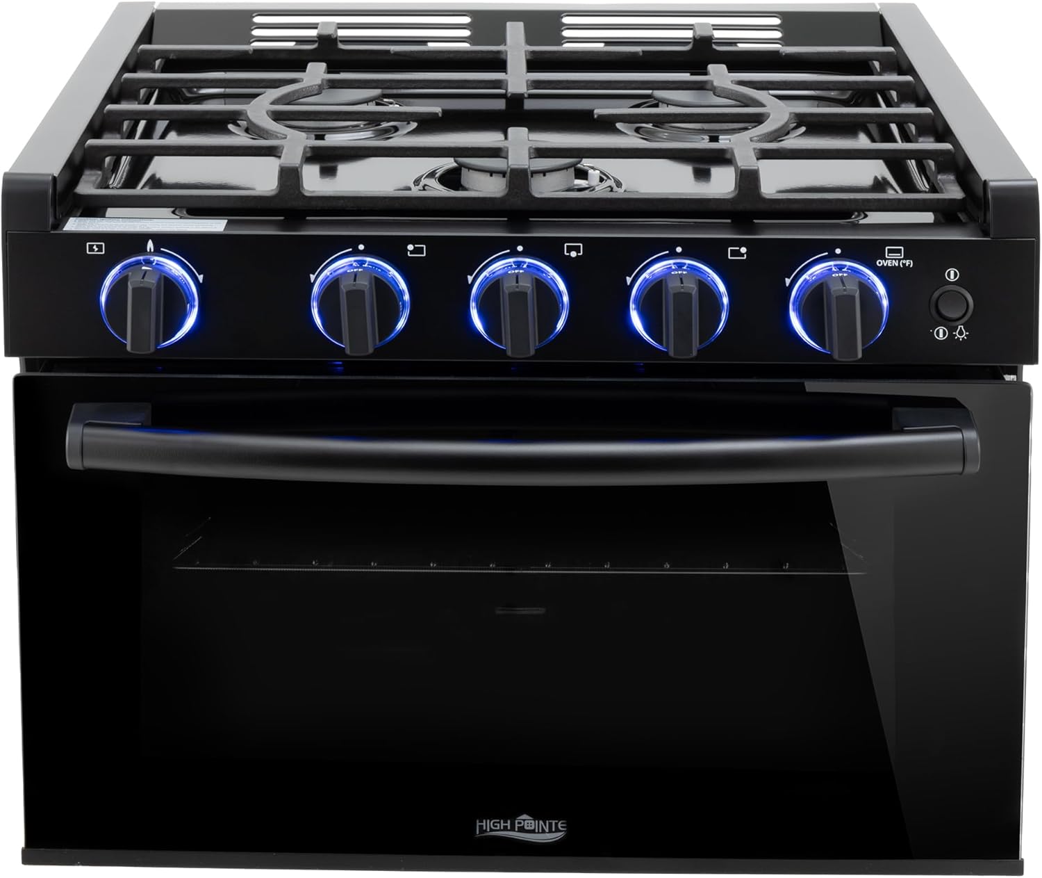 RecPro RV High Pointe Stove Black Finish , Gas Range 17" Tall , 6800 and 8300 BTU Three Burner , 7100 BTU Oven with 1.2 Cu. Ft Capacity , Fueled by Propane