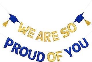 Blue Gold Graduation Decorations Pre-Strung Handmade Metallic Fabric Felt Grad Cap We are So Proud of You Sign Banner Bunting for Class of 2025 Graduation Party Decorations Supplies Home Mantle Decor