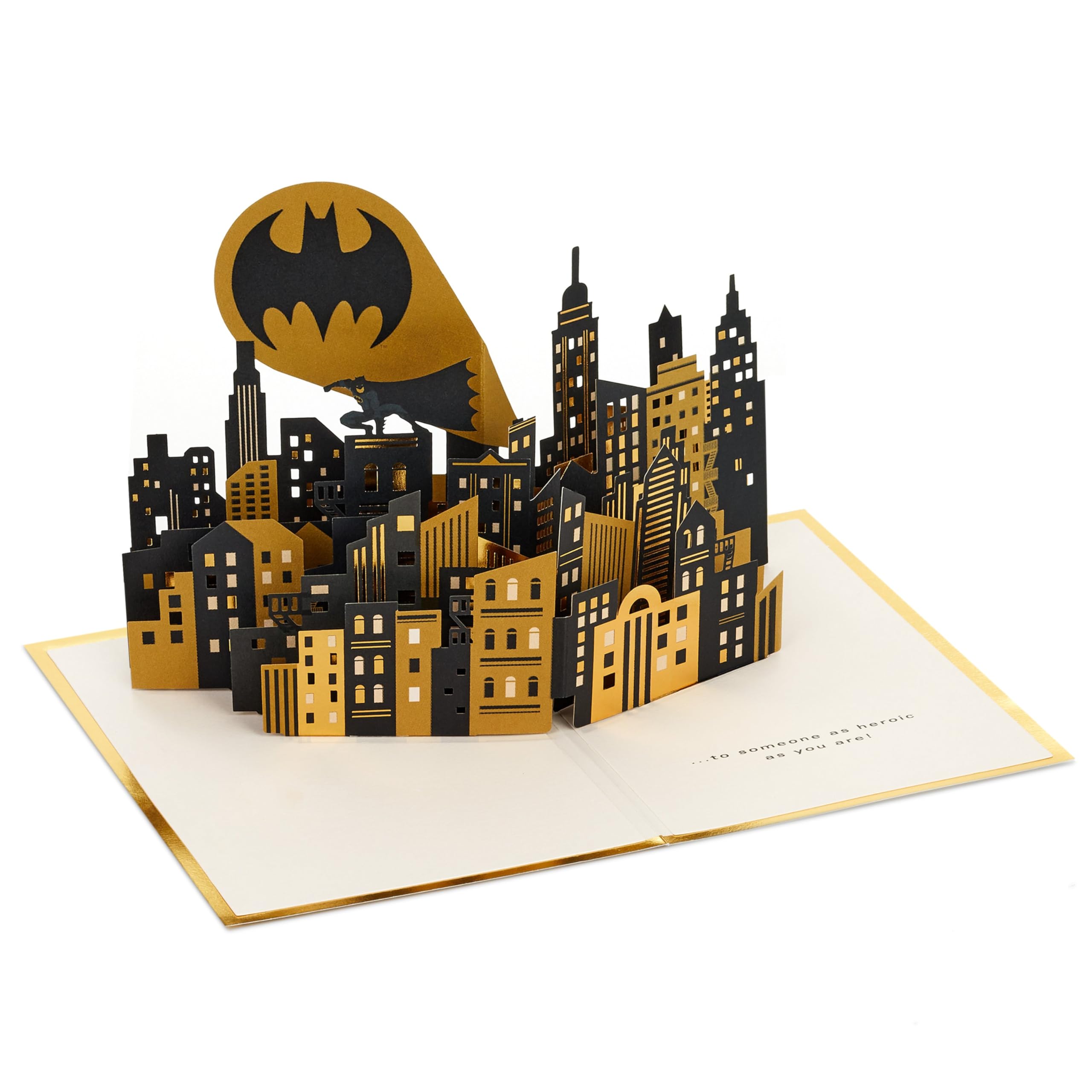 Hallmark Kartka 3D i pop-up na każdą okazję, Batman, sygnał nietoperza, projekt Gotham City, urodziny, Dzień Ojca, złoty, czarny