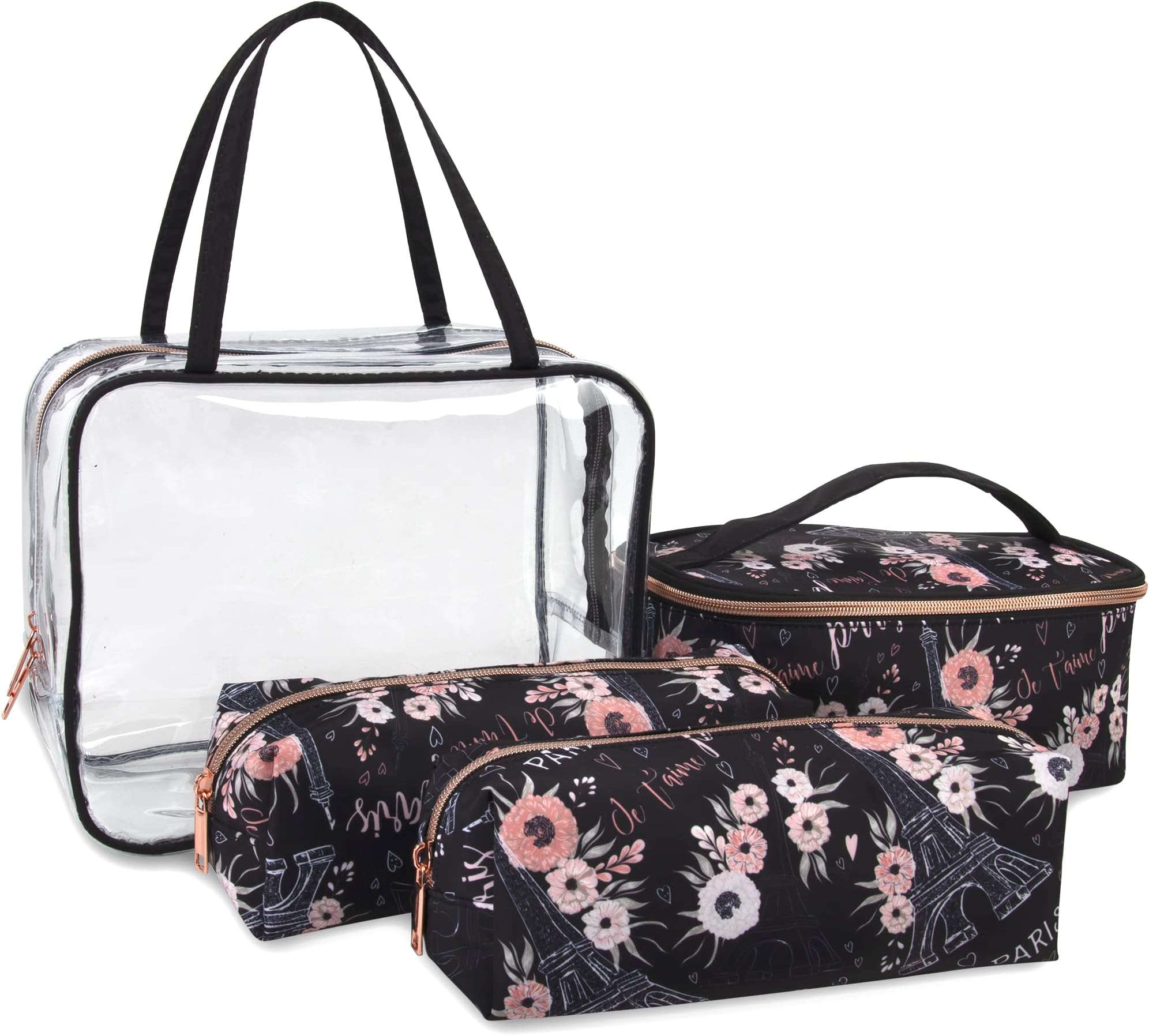 Emma & Chloe4 Piece Toiletry Bag Set, Waterproof Home, Travel Cosmetic Train Case Makeup Bags for Women with Handle, Zipper – 4 Makeup Bags Set, Paris Je T'aime, Travel