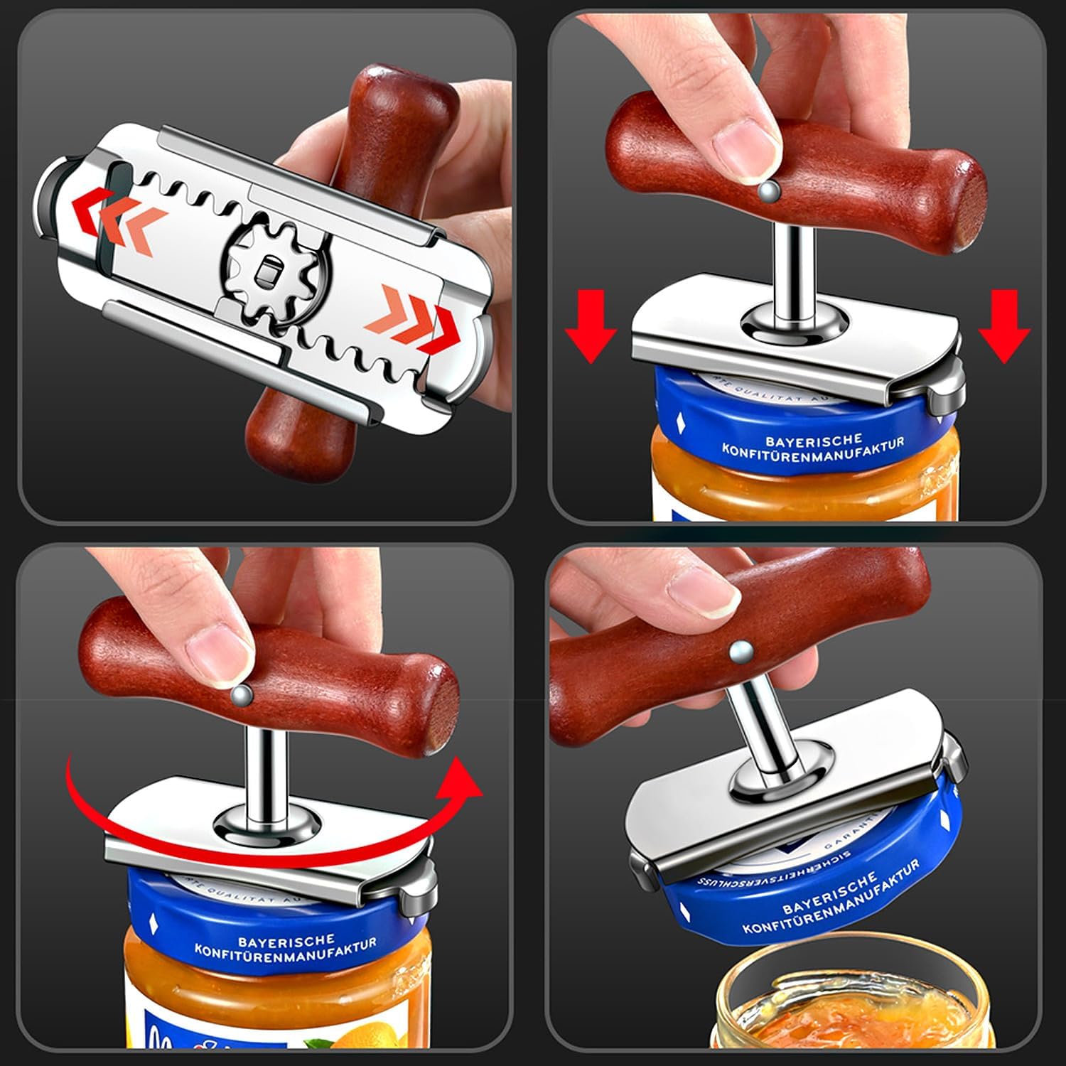 304 Stainless Steel Jar Opener Adjustable Universal Fit Bottle Opener | For Seniors & Arthritis Hands – Easy Grip Wooden Handle, Durable Rustproof Can Opener for Small to Large Lids