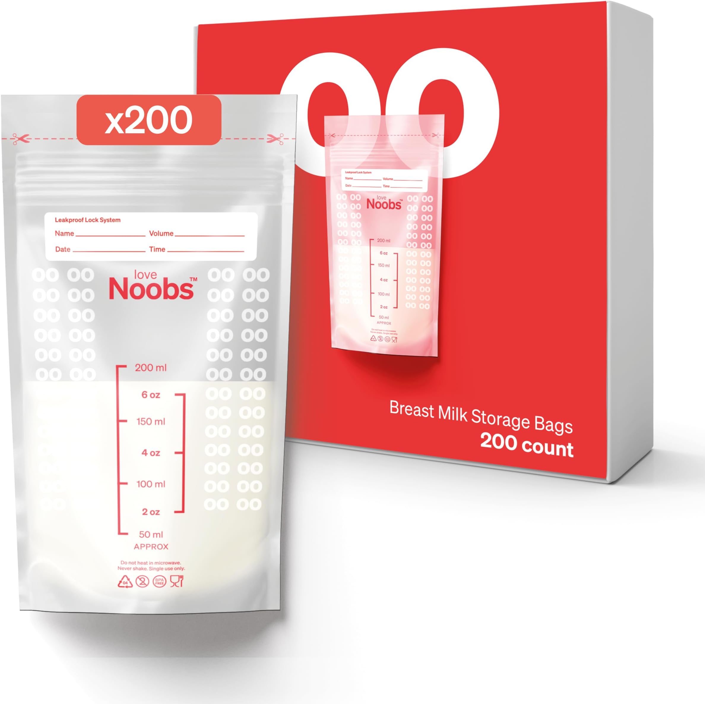 Breast Milk Bags by Love Noobs, Milk Bags for Breast Milk, Pack of 200 - 200 ml, Easy to Use Breast Milk Bags for Freezing, Pre-Sterilised Breast Milk Storage Bags