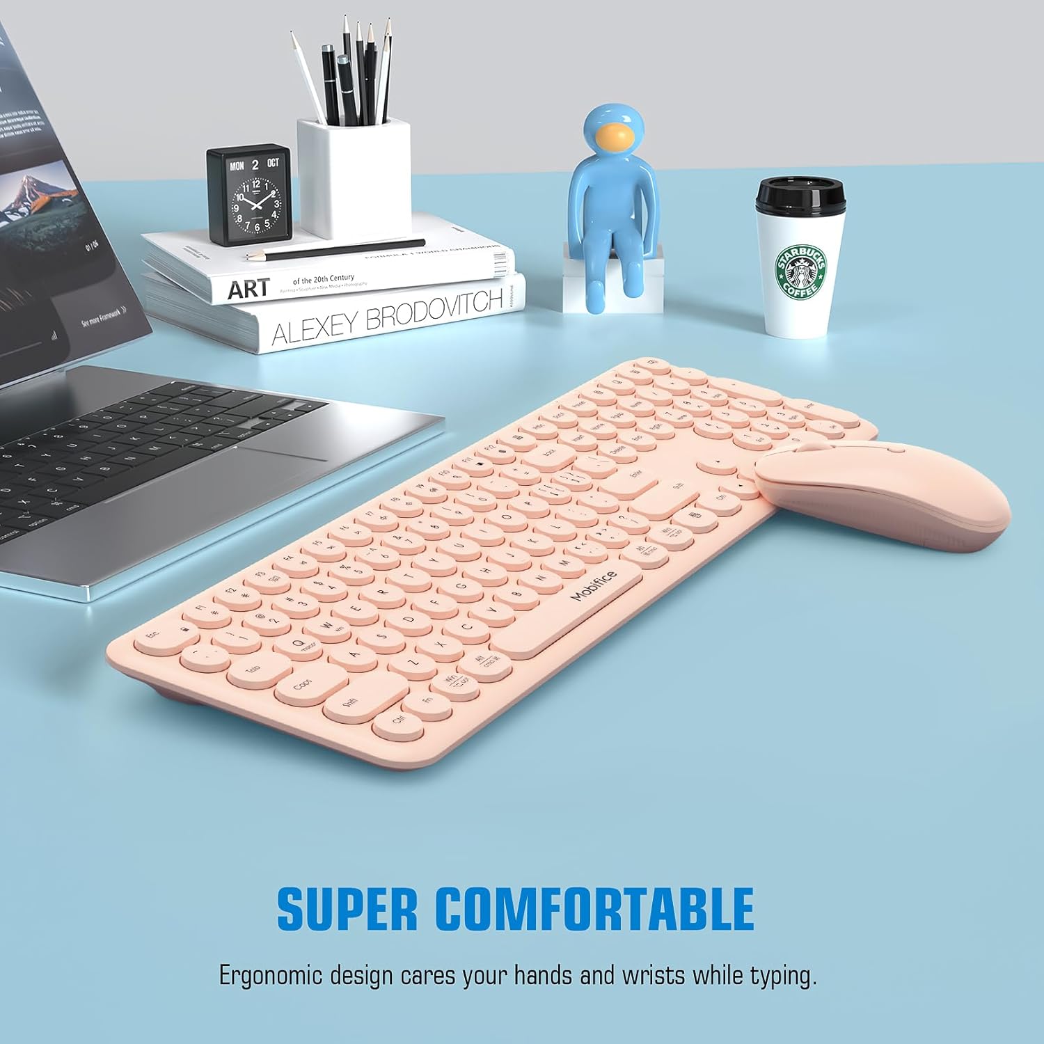 Cute Wireless Keyboard and Mouse Combo,2.4Gstable connection Cordless Full Size Pink Quiet Keyboard Mouse Set Retro Round keycap Computer Keyboard with numeric keypad Compatible for Mac,Windows,Laptop