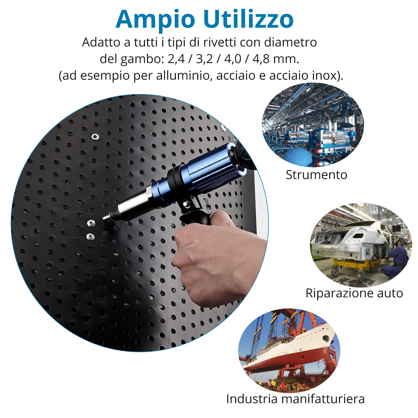 AUTOUTLET Rivetto per Trapano Avvitatore a Batteria, Adattatore Elettrico con 2,4/3,2/4,0/4,8 mm Naselli e 80 Rivetti Ciechi in Alluminio e Acciaio Inossidabile