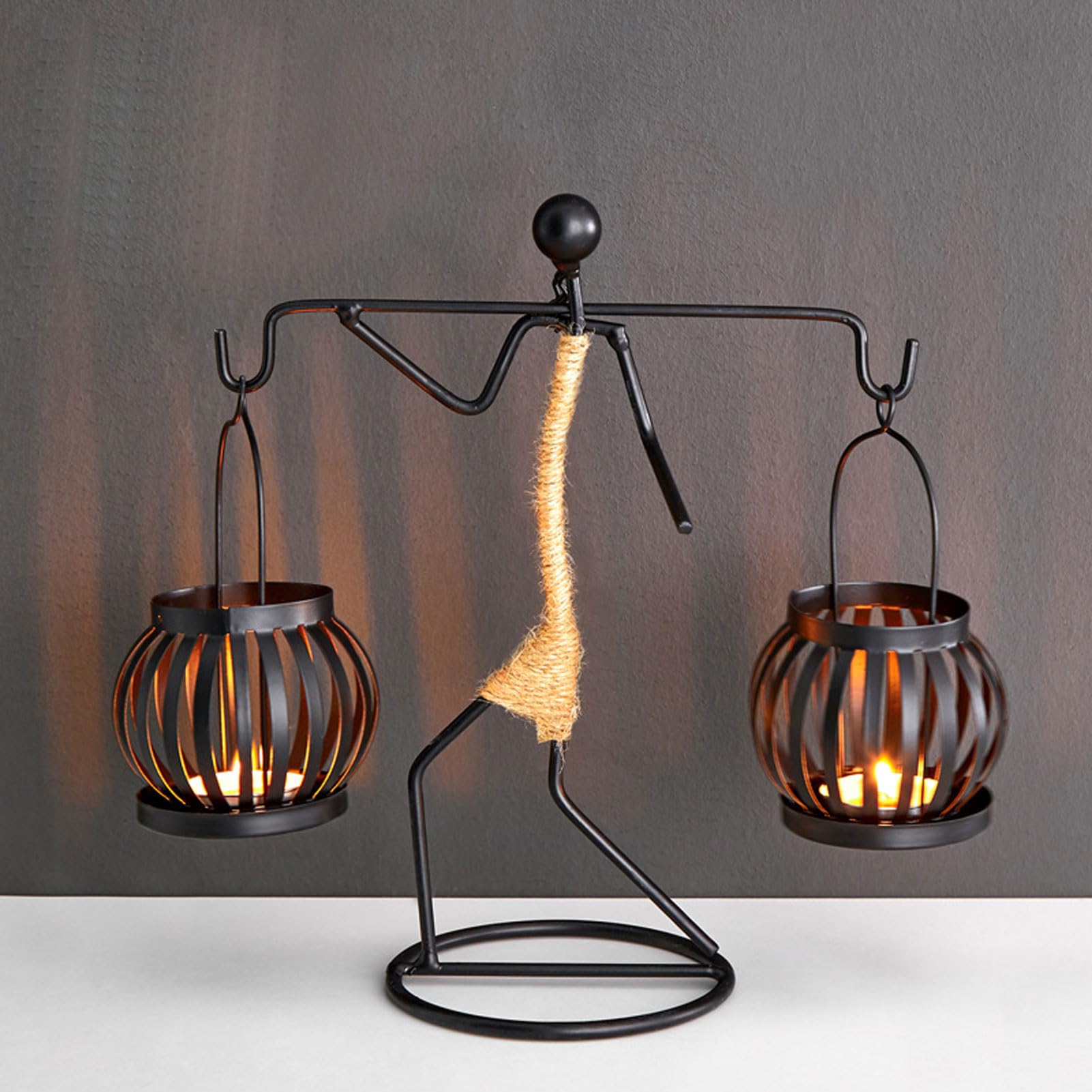 EBbels Iron Candle Holder, Wrought Iron Candlestick Holders, Retro Black Iron Tea Light Candle Holders In Little Girl, Handmade Vintage Candle Stand with Hemp Rope for Home Christmas Decoration (2)