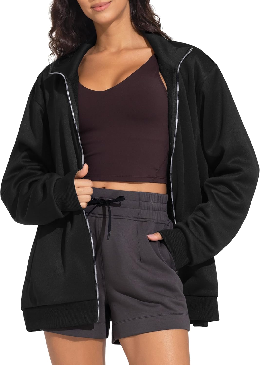 THE GYM PEOPLE Women's Oversized Full Zip Up Sweatshirts Fleece Long Sleeves Stand Collar Workout Jacket with Pockets - Image 7