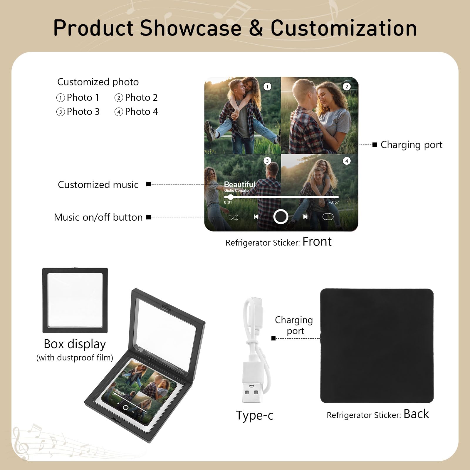 Calamita Frigorifero con Musica Personalizzata – Magnete Musicale Personalizzabile con Immagine e Spotify – Calamite Frigo per Regali di Coppia, Natale, San Valentino, Compleanno (Stile 3)