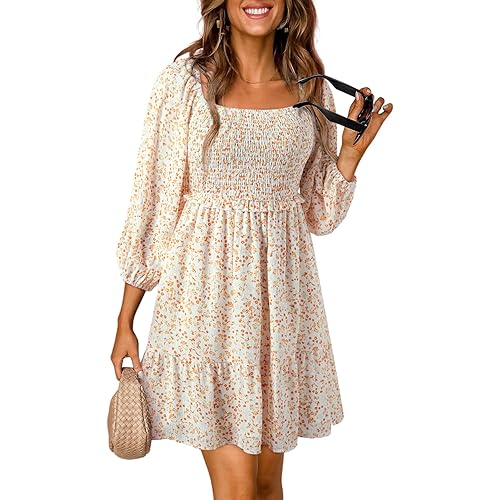 Dokotoo Womens Spring Summer Dresses Boho Floral Square Neck Smocked 3/4 Sleeve Casual A-Line Swing Mini Babydoll Dress