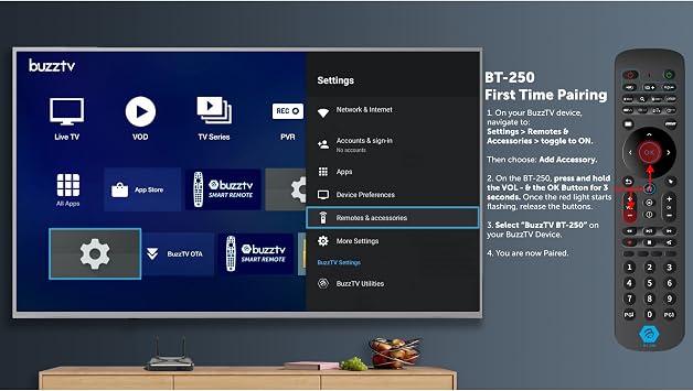 BuzzTV BT-250 Remote Control for BuzzTV Devices, Ergonomic Design, Easy Setup, High-Precision Navigation, Universal Compatibility