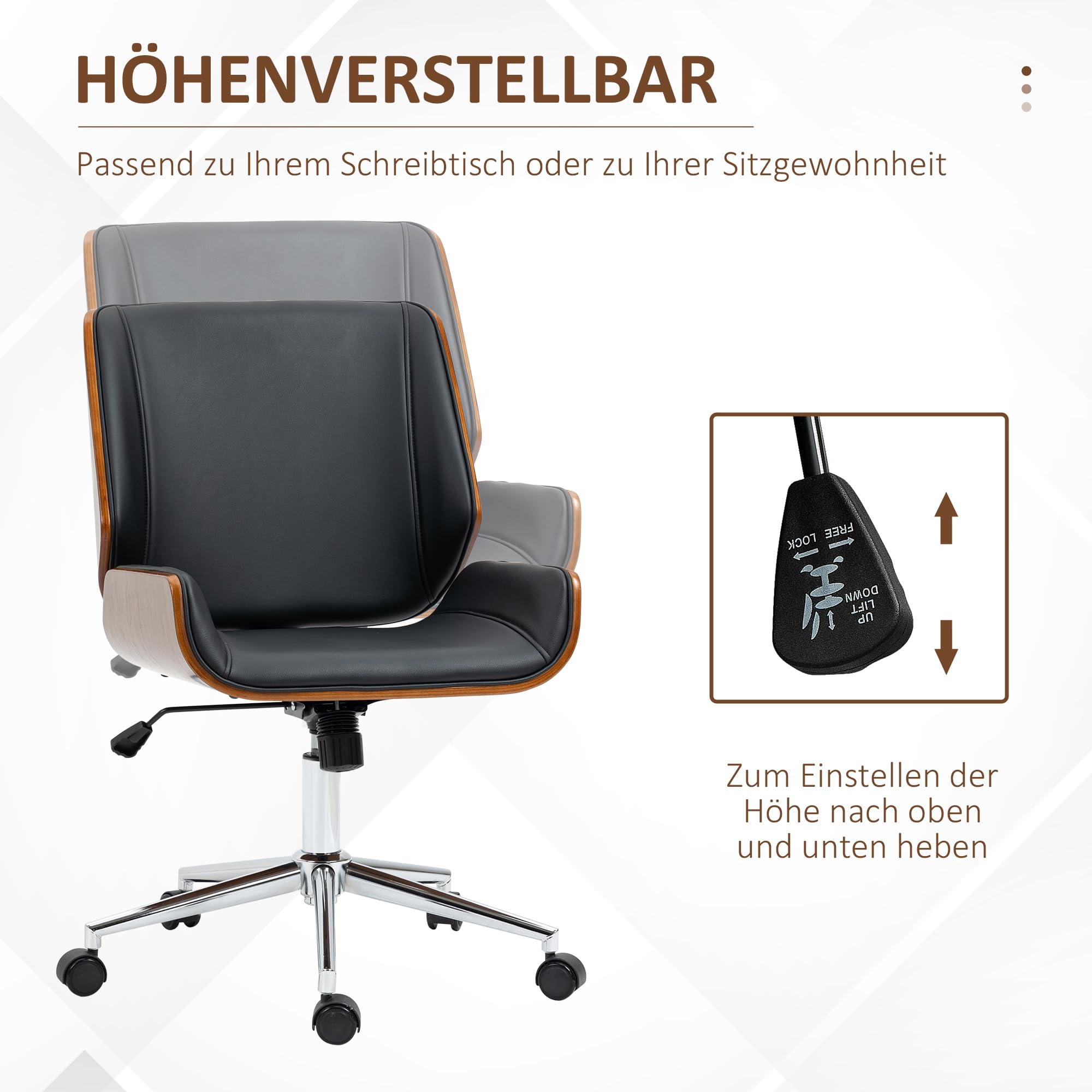 Vinsetto Bürostuhl Ergonomischer Drehstuhl mit Wippfunktion Schwarz | Höhenverstellbar, Kunstleder, Gepolstert, Computerstuhl, Schreibtischstuhl