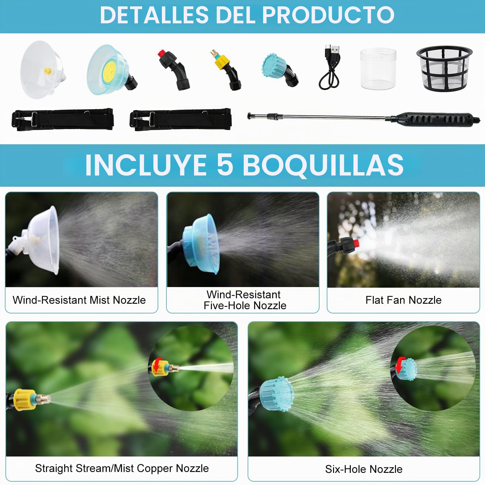 Nikou Pulverizador Electrico de Mochila 12L, Sulfatadora Bateria Pulverizadors Plantas Recargable con 5 Boquillas, Varilla Retráctil, USB, Pulverizador a Presión para Jardín Huerto Riego