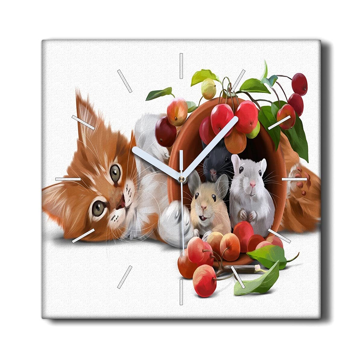 Horloge Murale Animaux Chat Fruits Rats sur Toile 30x30cm Coloray pour salon