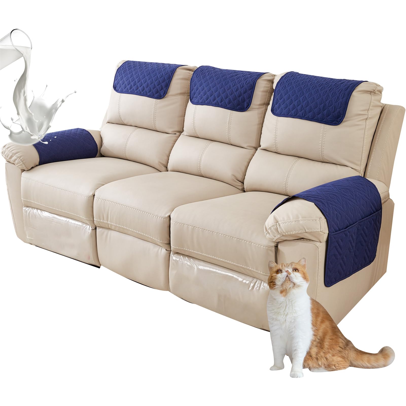Copribraccioli, Copri Bracciolo Divano con Tasca,Impermeabile Odere per Poggiatesta per Divano A 1/2/3 Posti Antiscivolo Copripoltrona Trapuntato (3 Posti 5pz,Blu Navy)