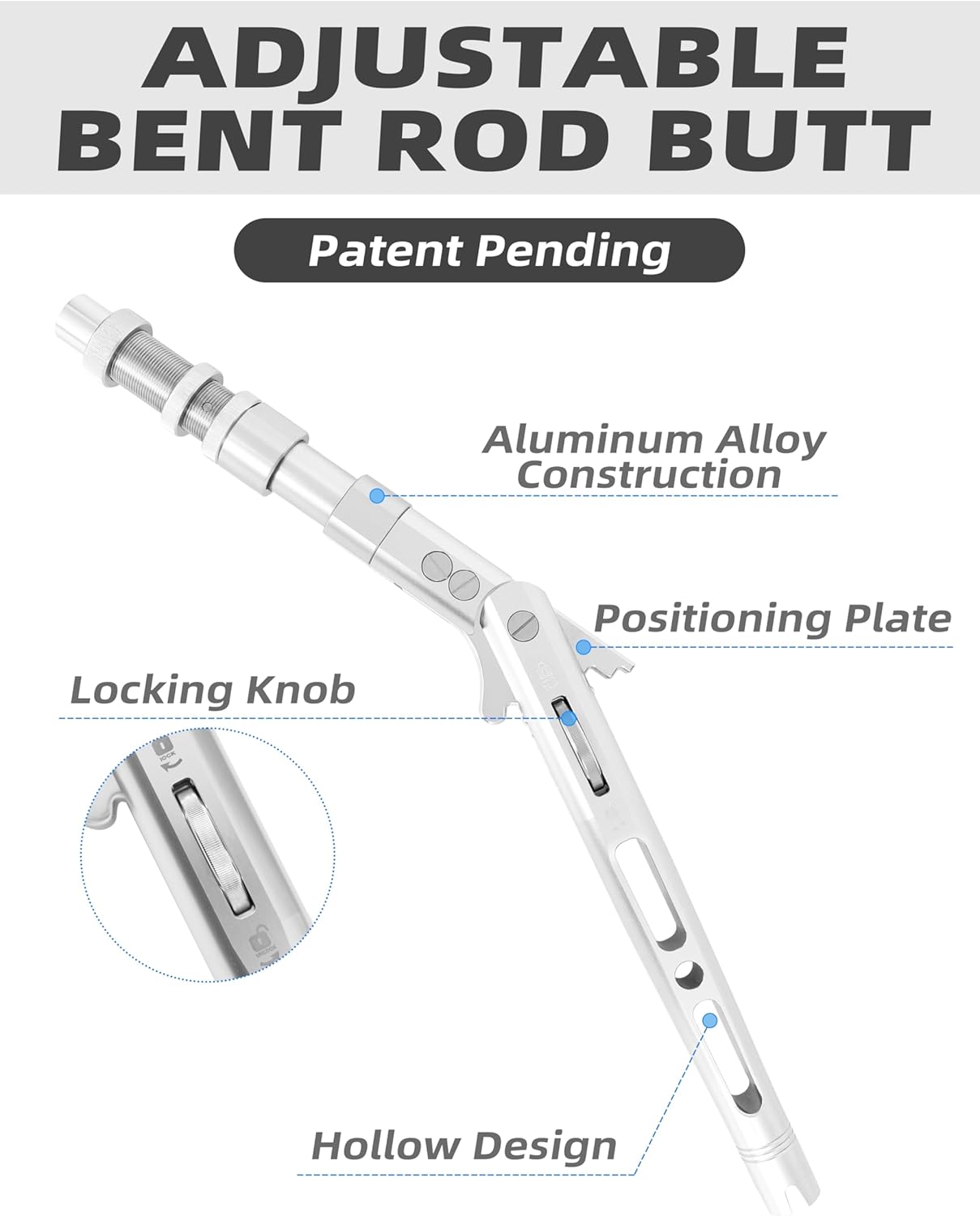 BLUEWING Adjustable Bent Rod Butt Heavy Duty Aluminum Alloy with Adjustable Angles at 0°, 30°, and 60° for Offshore Fishing, #4 Short Silver V4