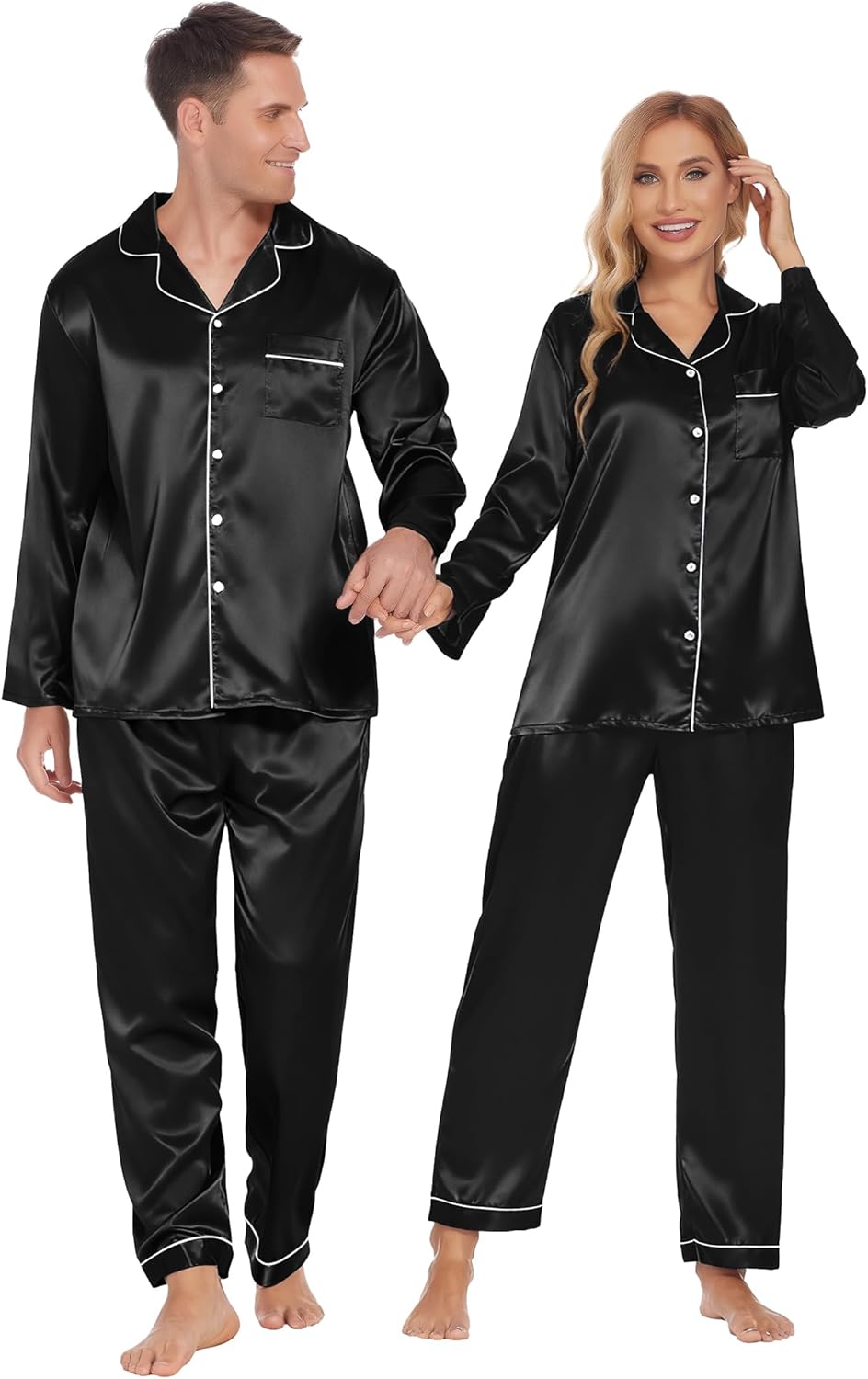 Ekouaer Couples Matching Pajamas Silk Long Sleeve Sleepwear Satin Soft Button Down Loungewear Pjs Set