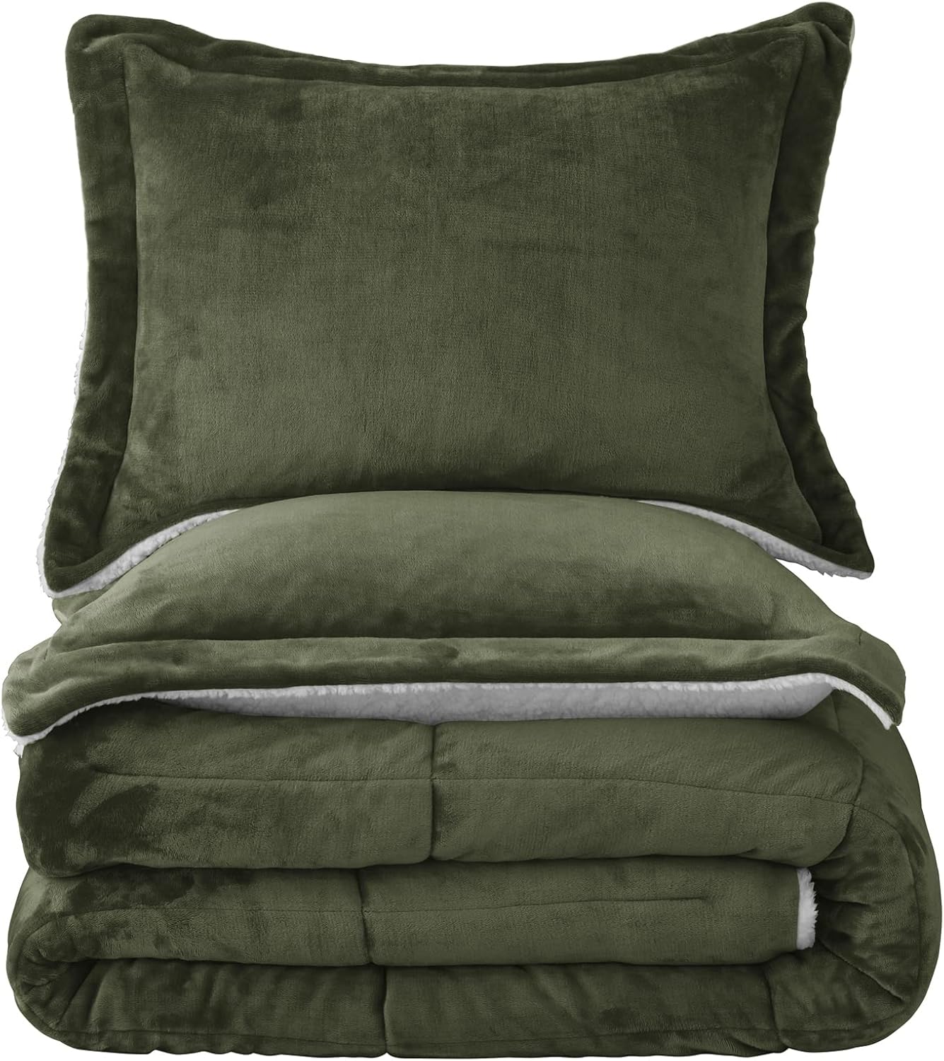 Seward Park Olive Green Sherpa Comforter Set Full Queen Size, All Season Soft Warm Fleece Fall Blanket, Winter Bedding Sets with 2 Pillow Shams - Image 6