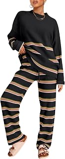 2 Piece Outfits for Women 2023 Oversized Fall Lounge Sets Striped Sweaters Cozy Knit Long Sleeve Pullover