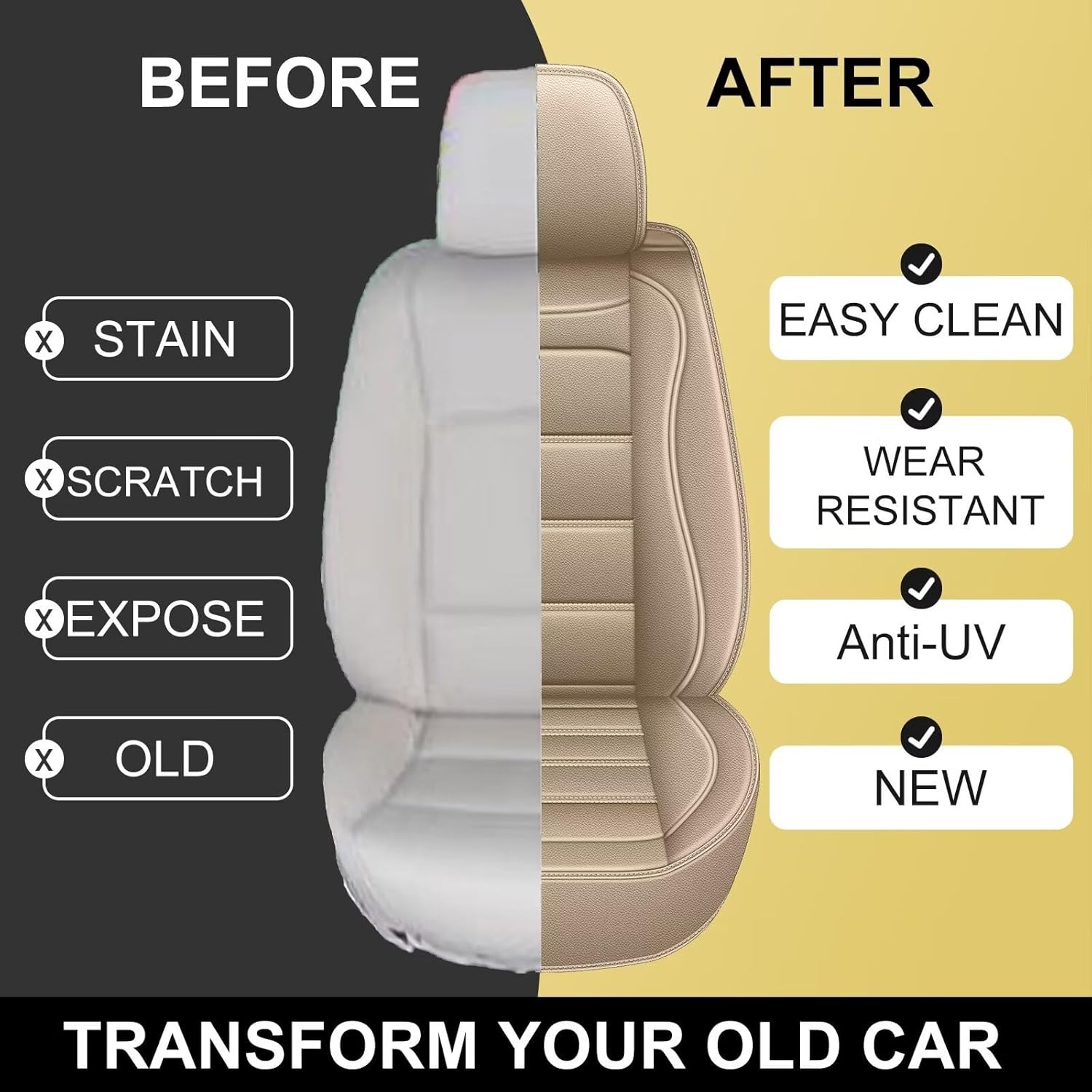 Car Seat Covers Fit for Kia Cadenza 2014-2020: Luxury Leather Automotive Front Seat Covers, Car Seat Protector(2PCS Front, Beige)