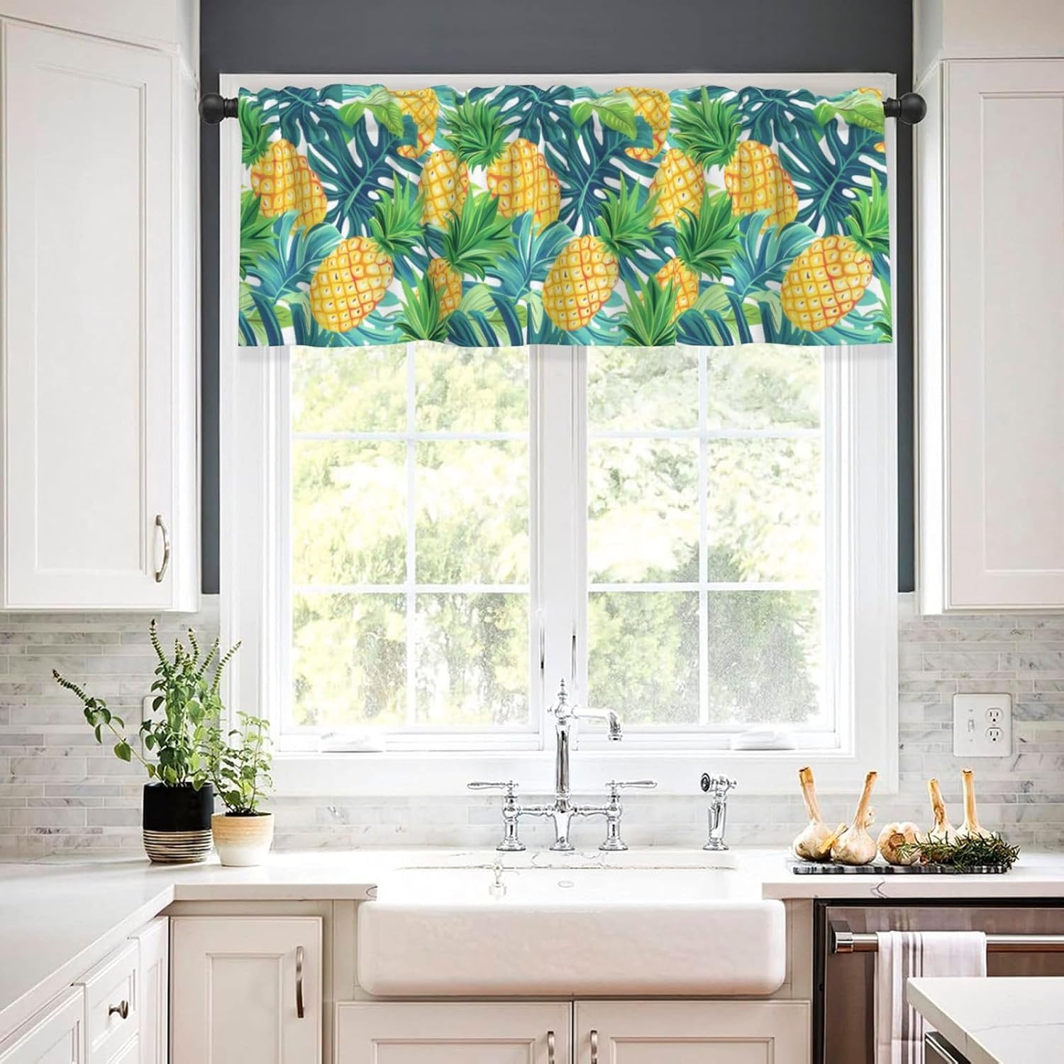 Valance for Windows Yellow Pineapple Tropical Leaf Kitchen Curtains Valances Rod Pocket Window Treatment Short Topper Curtains 1 Panel, 54x18inch