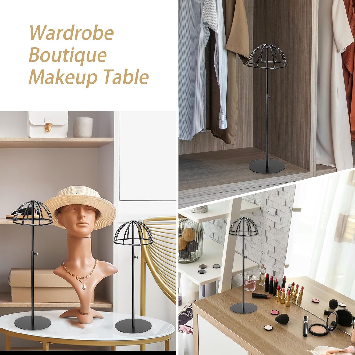 uxcell 2Pcs Stainless Steel Hat Display Stand 12" to 24" Adjustable Height Hat Stand Holder Wigs Display Rack, Anti-Rust Non-Slip Showcase for Baseball Caps Fedora Wig (Black)