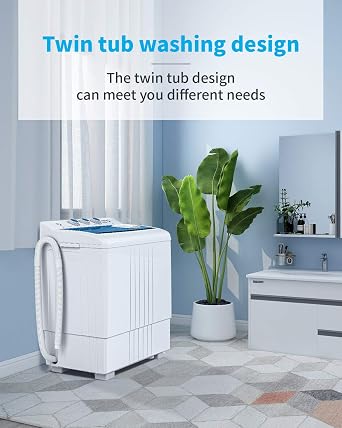 Compact Twin Tub Portable Mini Washing Machine 21lbs Capacity, Washer(14.4lbs)&Spiner(6.6lbs)/Built-in Drain Pump/Semi-Automatic, White&Blue