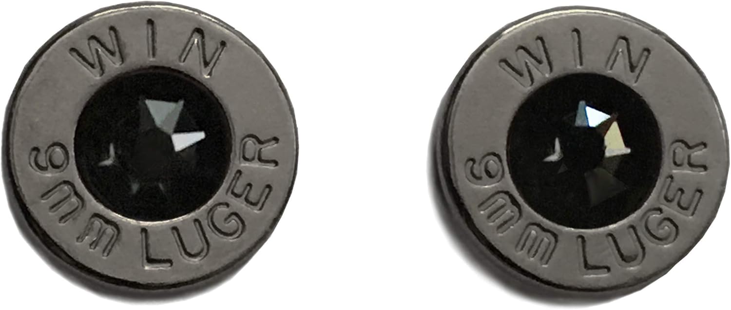 Black Rhodium Plated 9 Millimeter Ammo Bullet Cartridge Studs with Black Crystals