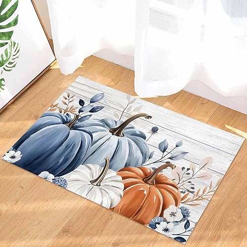 Miniatura 4 de Tapete de otoño para interiores de Acción de Gracias, tapete para puerta delantera, tapete de bienvenida con calabaza, color azul y naranja, tapete