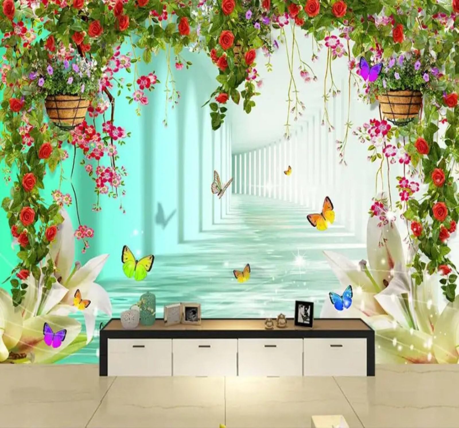 Xlming 400Cm×280Cm(B×H) Three Dimensional Corridor Plants Flowers Butterfly 3D Wallpaper Premium Textured Silk Study Dining Living Room Bedroom Sofa Tv Wall Easy Install-400Cm×280Cm